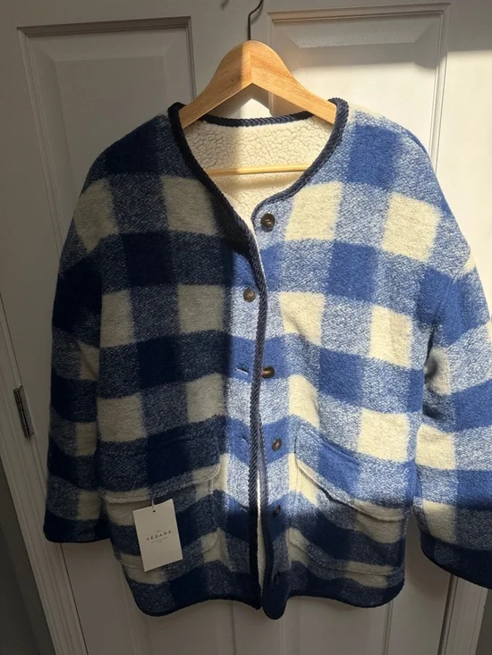 Sezane Farel Jacket Ecru Blue Check - Size 8 - Picture 2 of 4